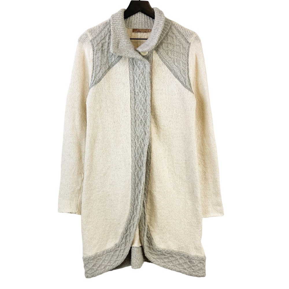 Prana (M) Knit Angelica Duster Cardigan Wrap Sweater Cream Gray Womens